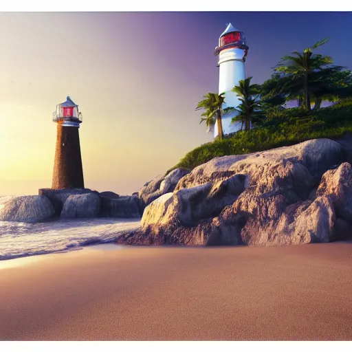 Prompt: photo of a futuristic lighthouse on the beach, ultra realistic details, 8k