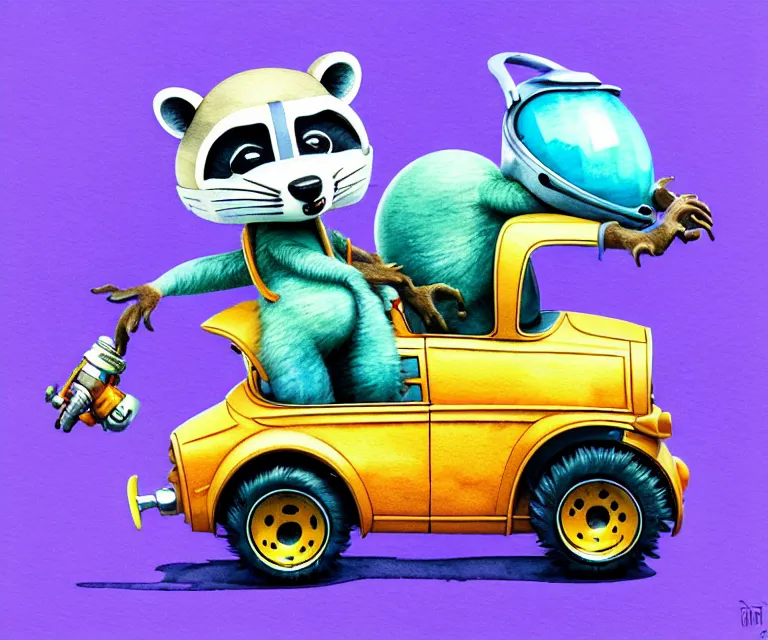 Image similar to cute and funny, racoon wearing a helmet riding in a tiny hot rod with oversized engine, ratfink style by ed roth, centered award winning watercolor pen illustration, isometric illustration by chihiro iwasaki, edited by beeple, tiny details by artgerm, symmetrically isometrically centered