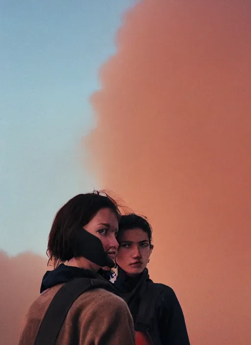 Prompt: cinestill 5 0 d photographic portrait by steve mccurry of two loving female androids wearing rugged black techwear on a desolate plain with a red sky in front of a brutalist structure, extreme closeup, cyberpunk style, dust storm, 8 k, hd, high resolution, 3 5 mm, f / 3 2, ultra realistic faces, ex machina