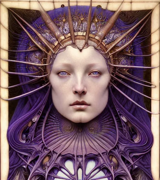 Image similar to detailed realistic beautiful young medieval alien queen face portrait by jean delville, gustave dore and marco mazzoni, art nouveau, symbolist, visionary, gothic, pre - raphaelite, iridescent fractal details. horizontal symmetry by zdzisław beksinski, iris van herpen, raymond swanland and alphonse mucha. highly detailed, hyper - real, beautiful