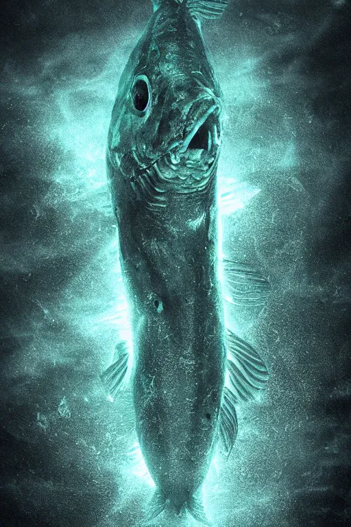 Image similar to an abyssal lumininescent scary fish swimming in the dark depths of the ocean, horror, dark art, 3 d render, digital art, digital painting, volumetric light.