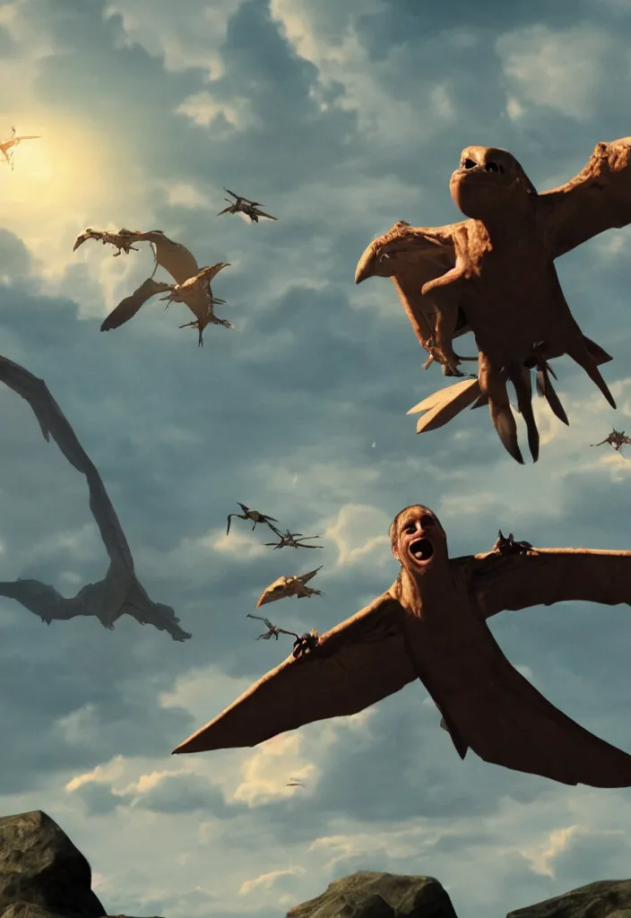 Prompt: a scared child looking at a pterodactyle flying in the sky in the style of a movie poster, realistic, super detailed, cinematographic, epic lighting