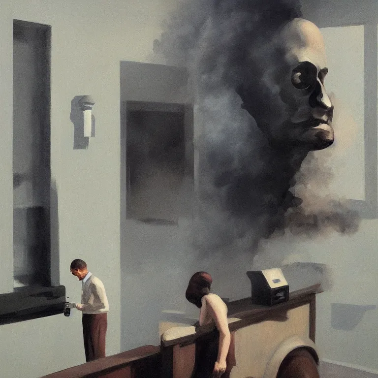 Image similar to man made out of smoke, ghost, , painted by Edward Hopper, painted by James Gilleard, airbrush