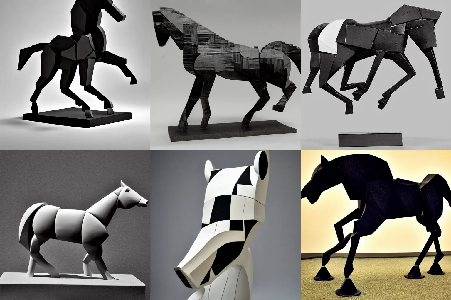 Prompt: running horse beautiful cubism style sculpture black and white