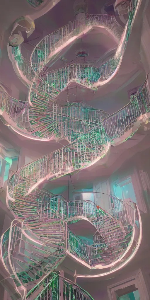 Prompt: Infinite spiral staircase painted by james jean in pastel colors. artwork and beeple and dan mumford and greg rutkowski and nekroxiii. halo. octane render, cinematic, hyper realism, octane render, 8k, depth of field, bokeh. iridescent accents. vibrant.