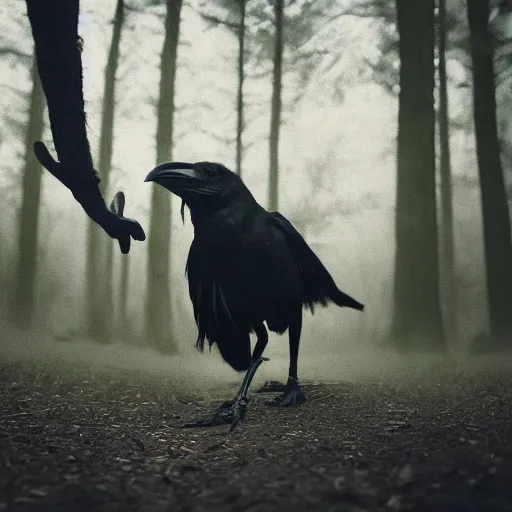 Image similar to werecreature consisting of a crow and a human, photograph captured in a dark forest