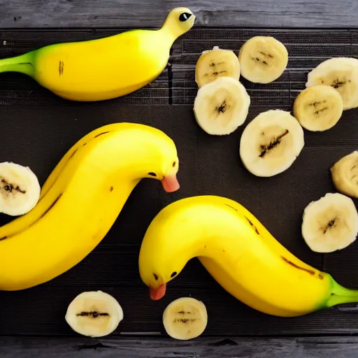 Image similar to professional photograph of banana ducks, peeled bananas with googly eyes and duck beaks