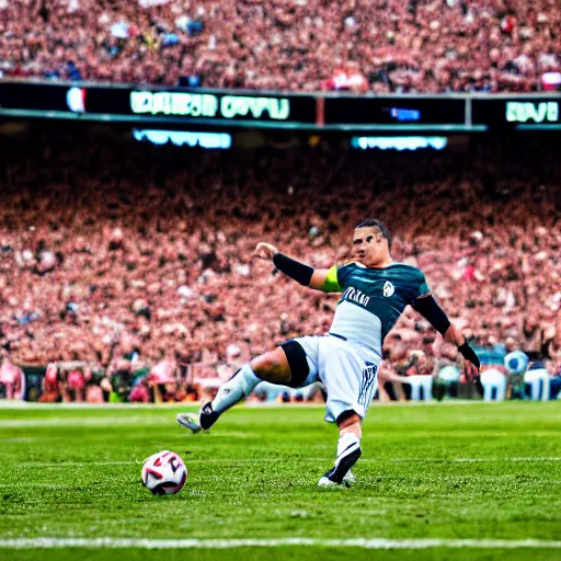 Prompt: ronaldo kicking a cat like a football in a stadium filled with people, taken by a sport's camera, depth of field, sun flare.