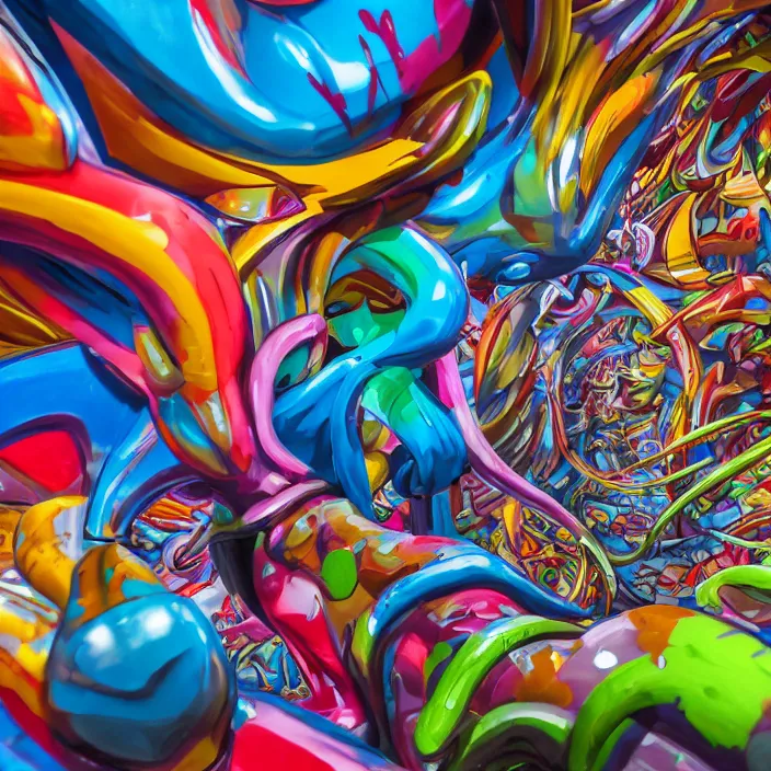 Image similar to graffiti twisted forms, inside the colorful 3 d graffiti realm, high definition image, extremely detailed and intricate