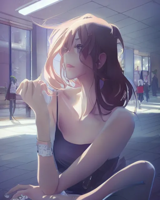 Prompt: a girl at the mall, very sexy outfit, detailed face, perfectly shaded, atmospheric lighting, by makoto shinkai, stanley artgerm lau, wlop, rossdraws