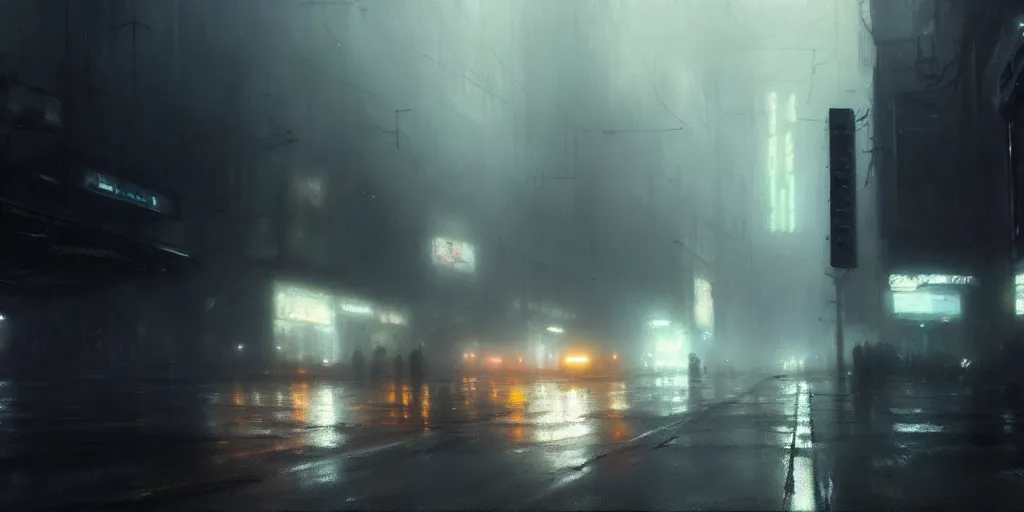 Image similar to beautiful painting by jeremy mann, cyberpunk street, still from blade runner movie, desaturated, oil painting, perfect composition, detailed octane render trending on artstation, misty, volumetric fog, ominous, unsettling, 8 k artistic photography, volumetric cinematic perfect light