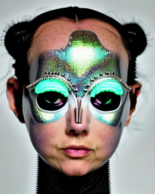 Prompt: symmetrical portrait of a biomechanical cyborg wearing a silicone steel spikes studded iridescent beauty mask and neon hair buns, wearing a black bodysuit by alexander mcqueen, cream white background, soft diffused light, biotechnology, humanoid robot, bjork aesthetic, translucent, by rineke dijkstra, intricate details, highly detailed, masterpiece,