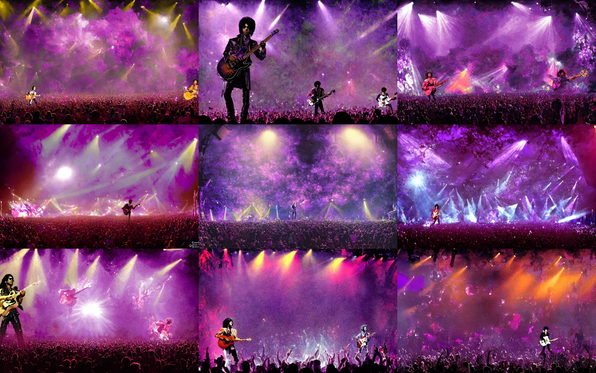 Prompt: prince playing his guitar in the purple rain on stage at a festival at sundown, painting by greg rutkowski and thomas kinkade and norman rockwell, low light, volumetric light, laser show in the background, floral decoration on stage, audience and crowdsurfing at a festival in the background