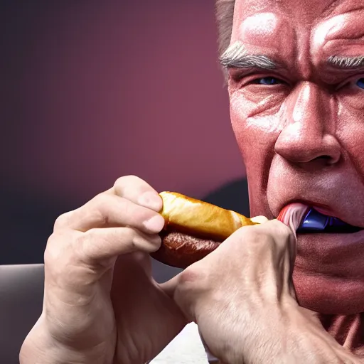 Image similar to hyperrealistic dslr film still of arnold schwarzenegger eating hotdog, stunning 8 k octane comprehensive 3 d render, inspired by istvan sandorfi & greg rutkowski & unreal engine, perfect symmetry, dim volumetric cinematic lighting, extremely hyper - detailed, incredibly real lifelike attributes & texture, intricate, masterpiece, artstation, 8 k 8 5 mm f 1. 4