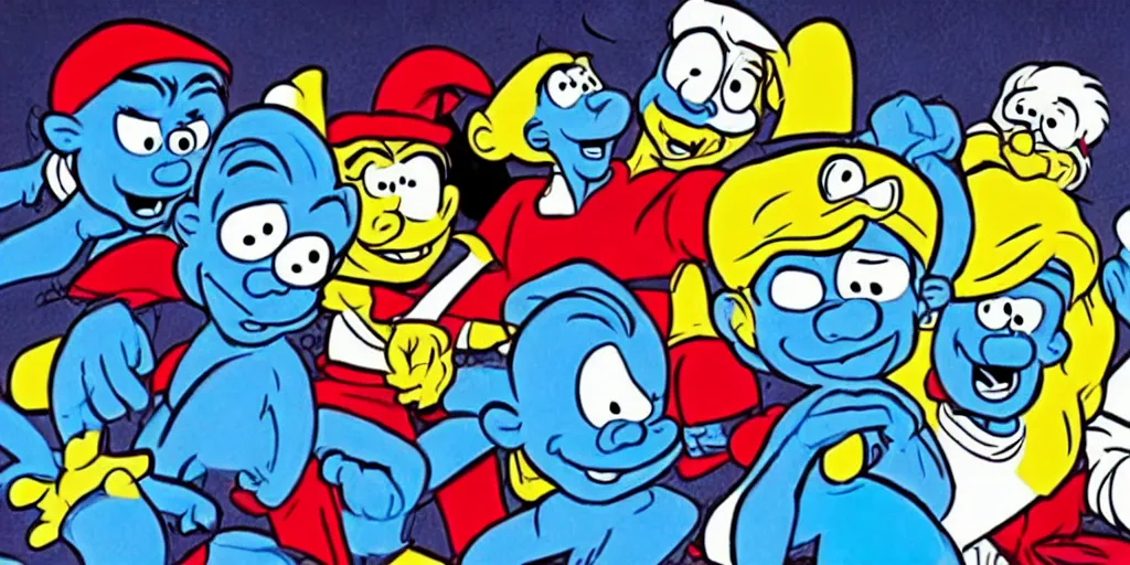 Image similar to the smurfs in the avengers, animation, hanna barbera style