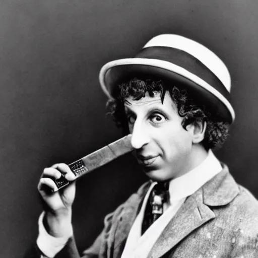 Prompt: Harpo Marx with a hat and a harmonica in his mouth, a black and white photo by Eugene Leroy, pinterest, american barbizon school, movie still, 1920s, criterion collection