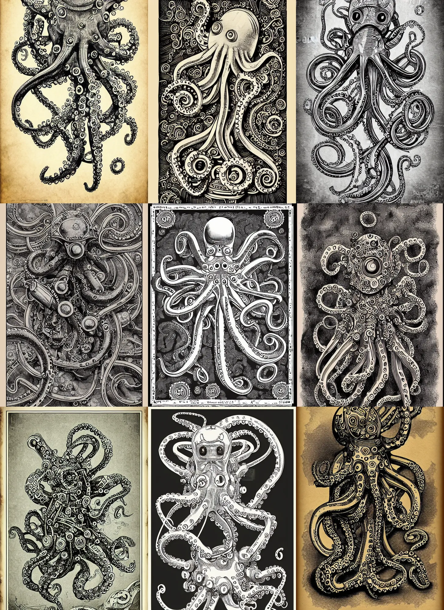 Prompt: mechanical robotic octopus, intricate hand drawn illustration, antique poster style, highly detailed art, hd
