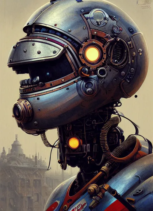 Image similar to a futuristic steampunk robotic helmet for motogp highly detailed, digital painting, concept art, smooth, sharp focus, illustration, art by greg rutkowski