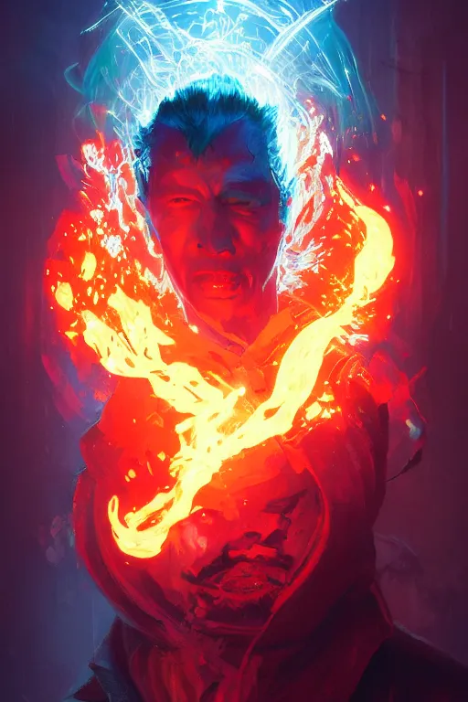 Image similar to a fancy portrait of a very mad mage covered in coloured flames by greg rutkowski, sung choi, mitchell mohrhauser, maciej kuciara, johnson ting, maxim verehin, peter konig, 8 k photorealistic, cinematic lighting, hd, high details,