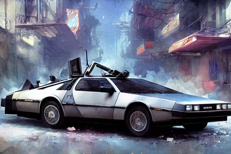 Image similar to photograph of the delorean, with a sleek spoiler, driving down the streets of a cyberpunk abandoned city, by greg rutkowski, by stanley artgerm, by alphonse mucha