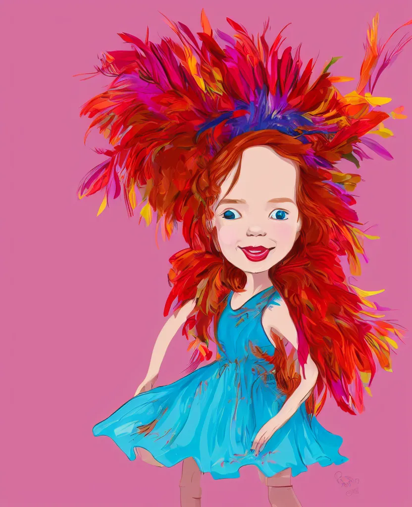 Image similar to little girl with eccentric red hair wearing a dress made of colorful feathers, concept art, smooth, cartoon art style