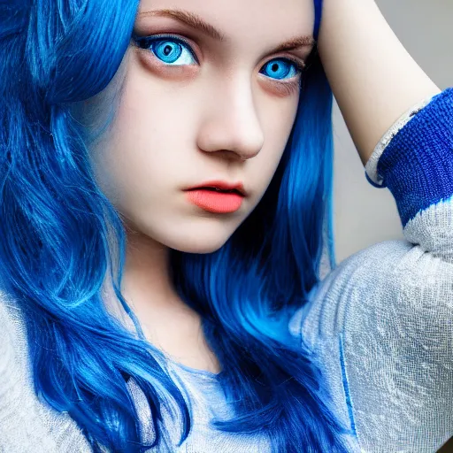 Image similar to teenage girl, blue iris eyes, gradient blue hair, high quality photos, translucent, modelsociety, white radiant skin, rtx on, perfect face, intricate, sony a 7 r iv, symmetric balance, photolab, photography award