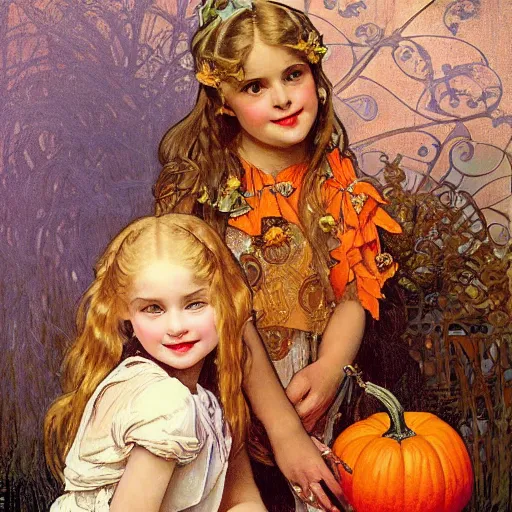 Image similar to a happy little girl with long straight golden blonde hair sitting amidst halloween decor, skulls and pumpkins. beautiful highly detailed face, beautiful painting by alphonse mucha and norman rockwell