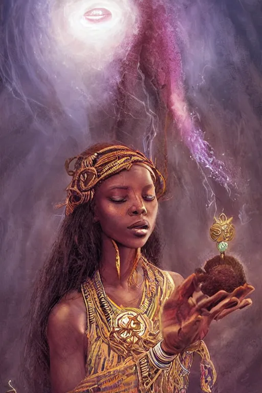 Image similar to african princess giving an offering to a heavenly being, mystical artifact, digital art, fantasy, magic, professional illustration by seb mckinnon, wlop, and artgerm, illustration