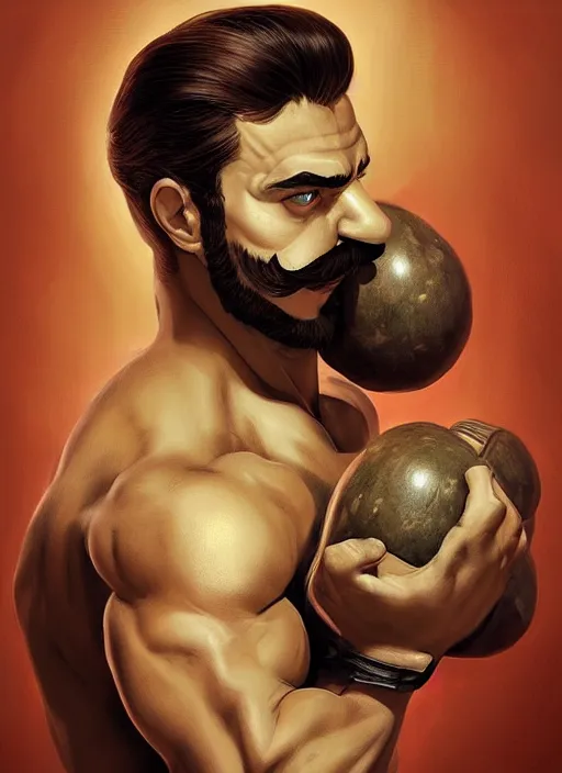 Prompt: gigachad luigi holding a bomb by ilya kuvshinov, bodybuilder ernest khalimov, super mario bros symmetrical face concept art, hyper realistic, intricate, elegent, highly detailed, digital painting, concept art, smooth, sharp, focus, illustration, art by artgerm and greg rutkowski and alphonse mucha, artstation