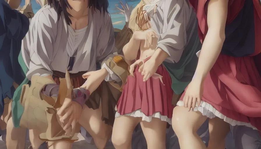 Image similar to jesus christ our lord and savior blessing a cute anime girl, photorealistic, anime, mini skirt, renaissance painting, hyper real, detailed, wide angle shot