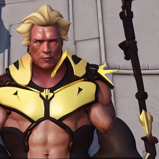 Image similar to a screenshot of arnold schwarzenegger as mercy in overwatch