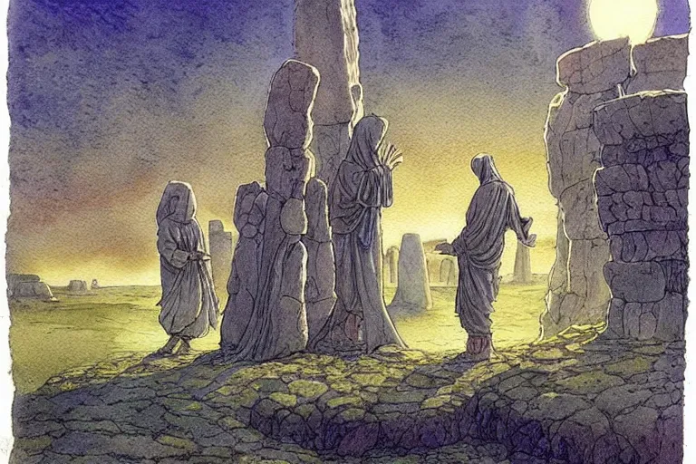 Image similar to a realistic and atmospheric watercolour fantasy concept art of a ufo landing in a floating stonehenge. one dirty medieval monk in grey robes is on his knees praying to the ufo. muted colors. by rebecca guay, michael kaluta, charles vess and jean moebius giraud