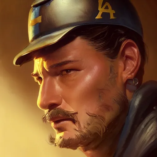 Image similar to a highly detailed epic cinematic concept art CG render digital painting artwork costume design: Errol Flynn as a 1950s sly army mechanic engineer with a thick stubble. By Greg Rutkowski, Ilya Kuvshinov, WLOP, Stanley Artgerm Lau, Ruan Jia and Fenghua Zhong, trending on ArtStation, subtle muted cinematic colors, made in Maya, Blender and Photoshop, octane render, excellent composition, cinematic atmosphere, dynamic dramatic cinematic lighting, aesthetic, very inspirational, arthouse