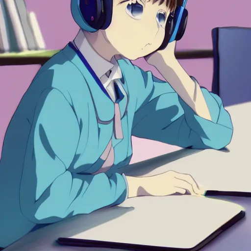 Image similar to high definition anime portrait of a pastel blue haired anime girl sitting at a desk studying with headphones on, background is a window looking out into a busy Tokyo district, lo-fi art, by Studio Ghibli, trending on artstation, sharp high quality anime, digital art, photoshop, proportionate, ambient lighting