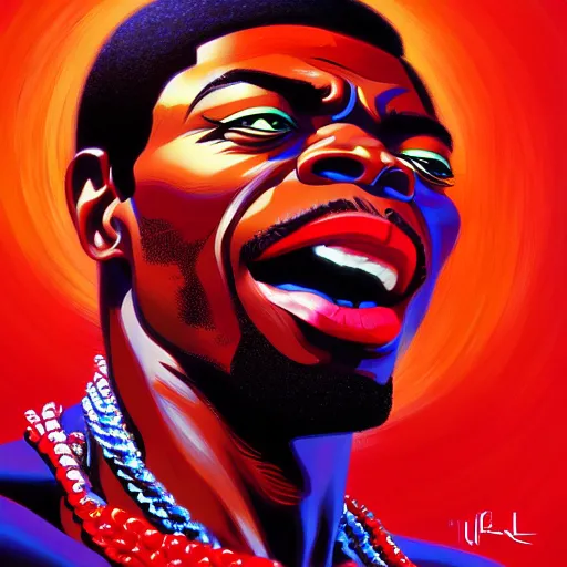 Image similar to fela kuti by clyde caldwell, ilya kuvshinov, rossdraw, very detailed, dramatic colors, 4 k