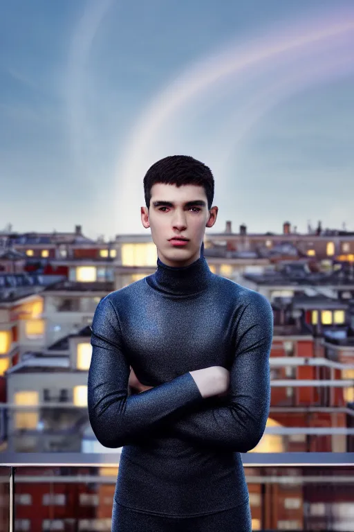 Image similar to un ultra high definition studio quality photographic art portrait of a young man standing on the rooftop of a british apartment building wearing soft padded silver pearlescent clothing. three point light. extremely detailed. golden ratio, ray tracing, volumetric light, shallow depth of field. set dressed.