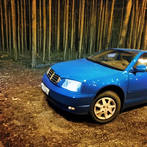 Prompt: photo with flash at a dark night at a forest of a big scary bloody man in top of a blue car-n 5