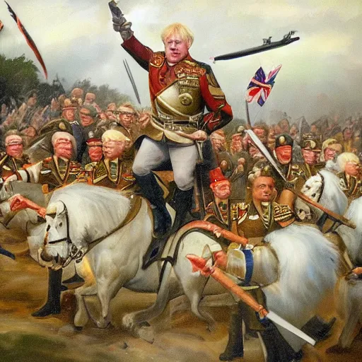 Prompt: found footage of general boris johnson leading his men into battle, glorified image, 8k, oil painting , silly mustache