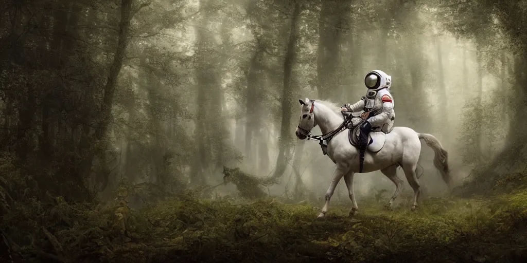 Image similar to an astronaut riding on the back of a white horse through a forest, a detailed matte painting by frieke janssens, featured on cgsociety, fantasy art, matte painting, reimagined by industrial light and magic, matte drawing