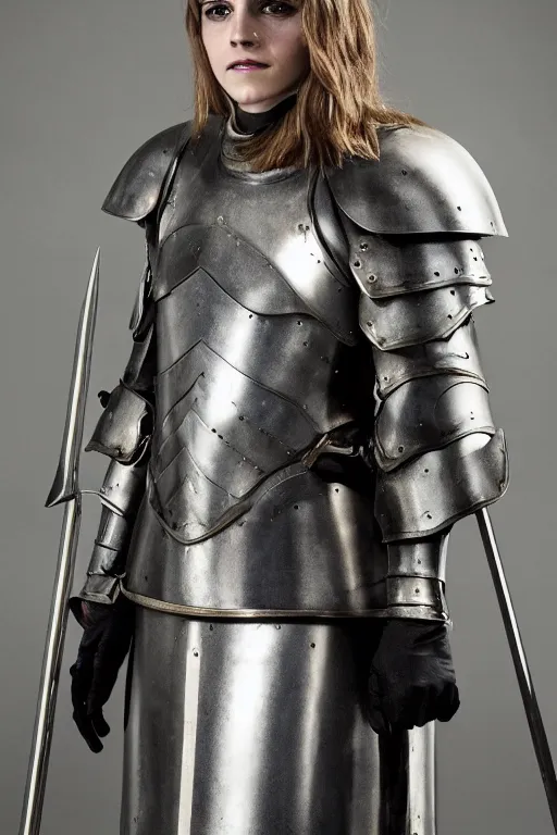 Prompt: Emma Watson as Joan of Arc for an upcoming movie, full suit of plate armor, promo shoot, studio lighting