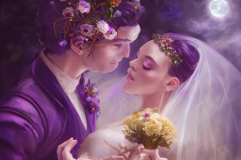 Image similar to a dreamlike cinematic portrait of wedding photograph close up moment of a divine a russia sun god and moon goddess lovers magician at a wedding banquet. portraiture. digital painting. artstation. concept art. fantasy wedding photo. digital painting, 8 k realistic, hyper detailed, violet evergarden art masterpiece by art by krenz cushart