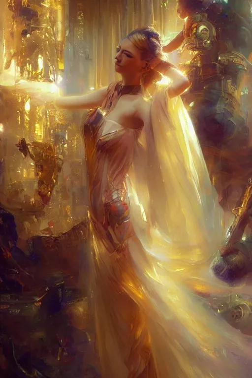 Image similar to cyberpunk beautiful girl, light body golden armor, flowing gown by vladimir volegov and alexander averin and delphin enjolras and daniel f. gerhartz