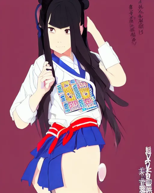 Prompt: a beautiful! boyish! amber midthunder alluring gravure! model, wearing japanese school girl outfit with mayan pattern and native style, aztec street fashion, gapmoe yandere grimdark, trending on pixiv fanbox, painted by greg rutkowski makoto shinkai takashi takeuchi studio ghibli, akihiko yoshida