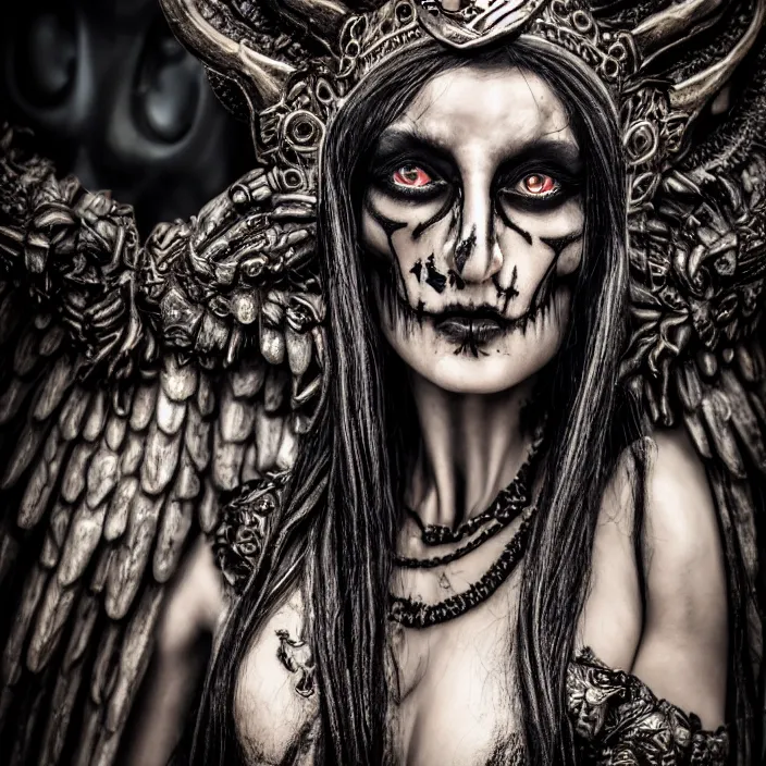 Image similar to candid photography, close up portrait, goddess of death, by anne stokes, updo, highly detailed, uhd