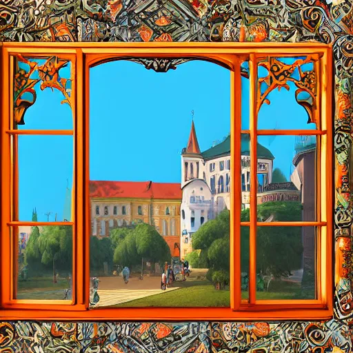 Image similar to digital illustration of a beautiful window open front view, aesthetic, achenbach, andreas, angelico, fra, bellotto, bernardo, ornate, russian style, colorful architectural drawing, behance contest winner, vintage frame window