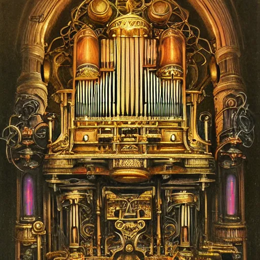 Prompt: steampunk pipe organ lp album art, intricate detail, mechanical, baroque oil painting by alan lee and jim burns