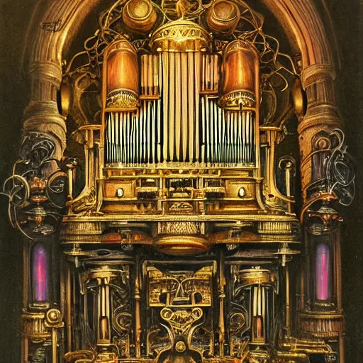 Image similar to steampunk pipe organ lp album art, intricate detail, mechanical, baroque oil painting by alan lee and jim burns