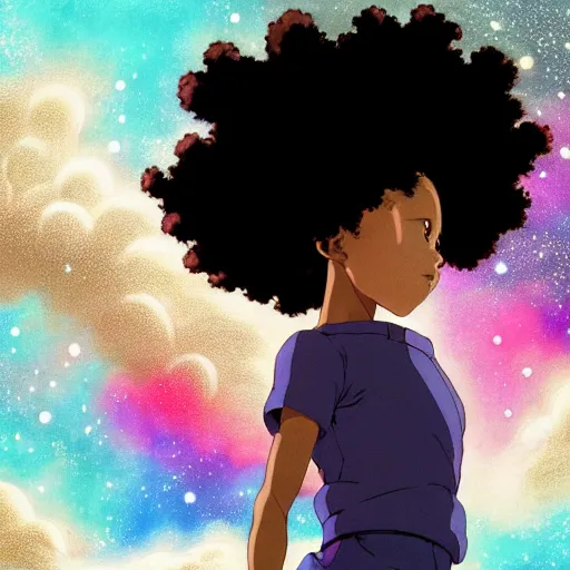 Image similar to ( a young black girl with a nebula afro ), riding on a cloud in a lightning storm, trending on pixiv fanbox, painted by makoto shinkai takashi takeuchi studio ghibli, akihiko yoshida, yoshitaka amano, wangechi mutu, clean cel shaded vector art, retrowave colors, illustration, hd, 8 k