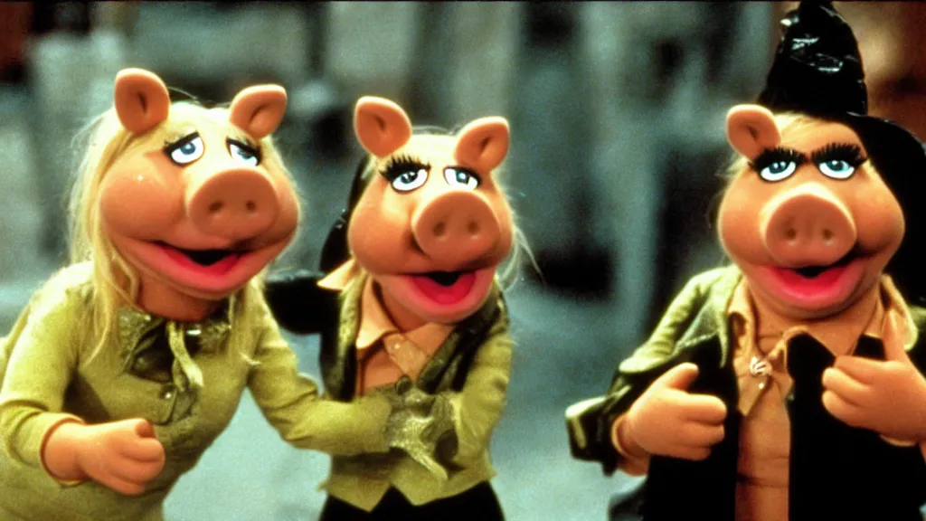 Image similar to movie still of miss piggy starring as trinity in the matrix 1 9 9 9 movie fighting agent smith