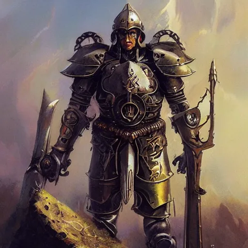 Prompt: a full metal paladin in the style of peter andrew jones and tom bagshaw, heavy metal album cover, fantasy warrior, standing before ancient ruins